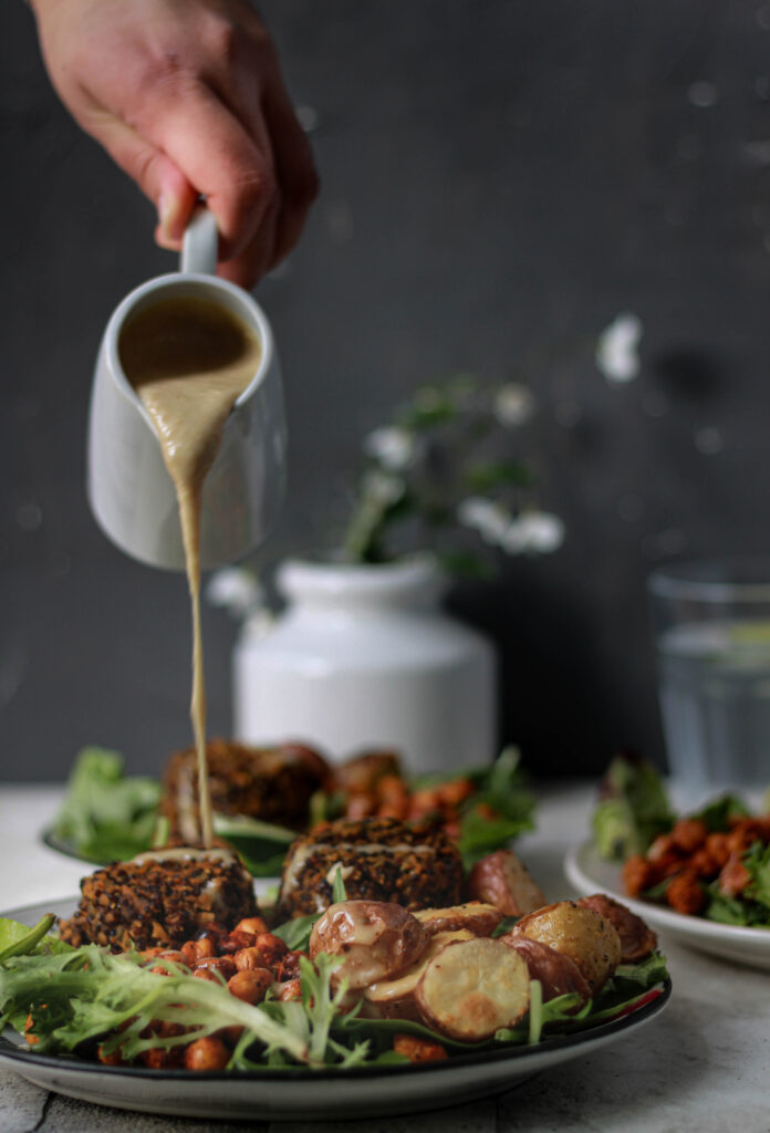 Creamy Curried Lentil Quinoa with Mixed Greens, Roasted Chickpeas and Potatoes