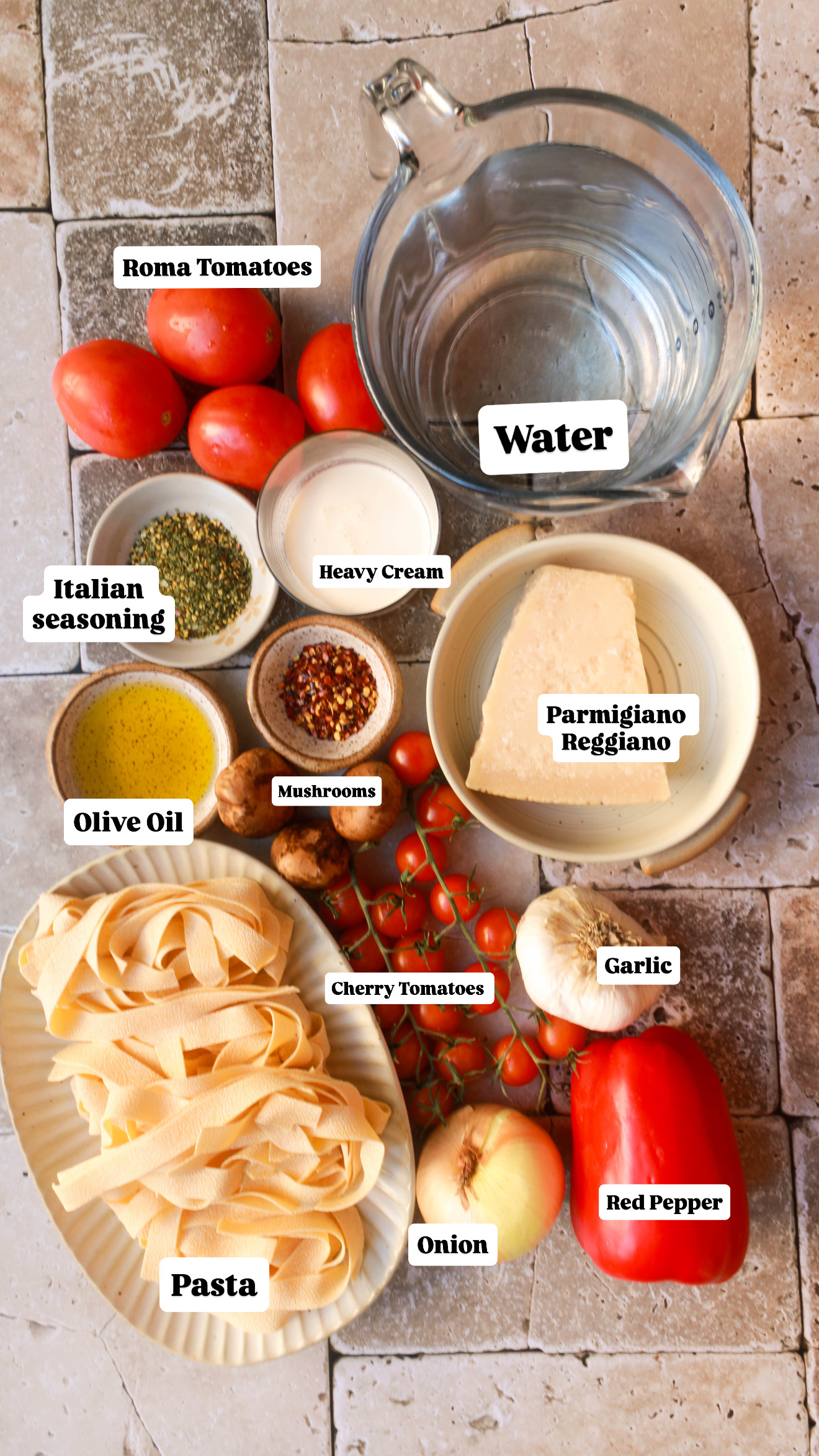 Ingredients To Make Roasted Tomatoes and Red Pepper Pasta
