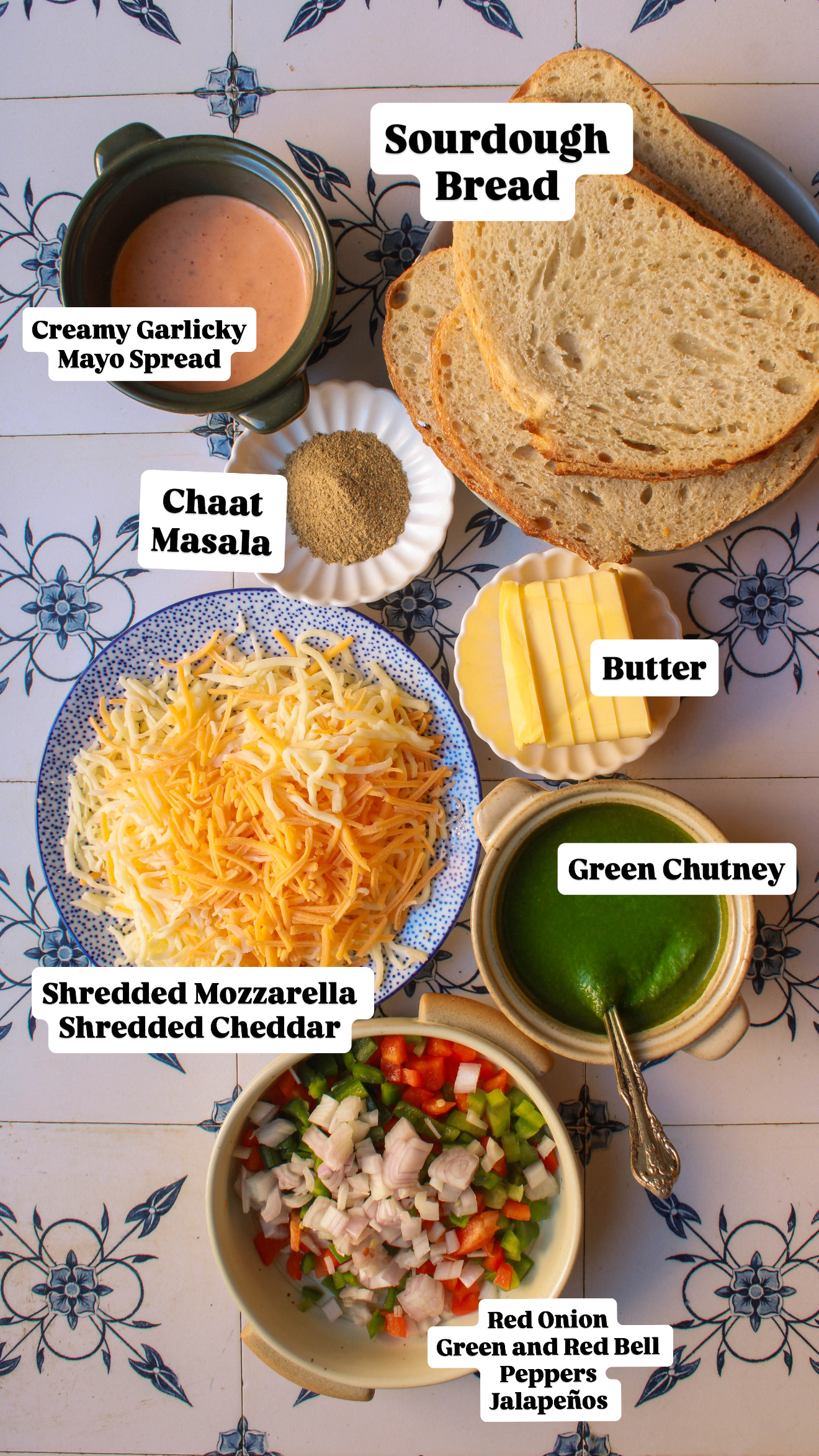 Ingredients to make Indian chutney grilled cheese sandwiches